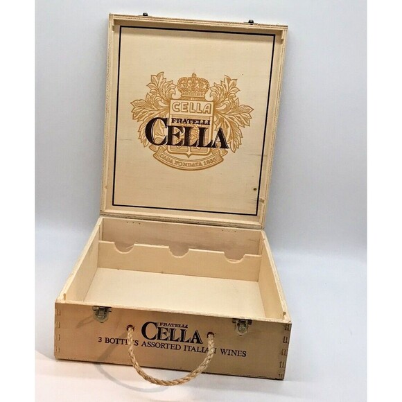 Vintage Cella Fratelli Wooden Wine Bottle Carrier Box Rope Handle Bronze Clasps - Picture 3 of 12